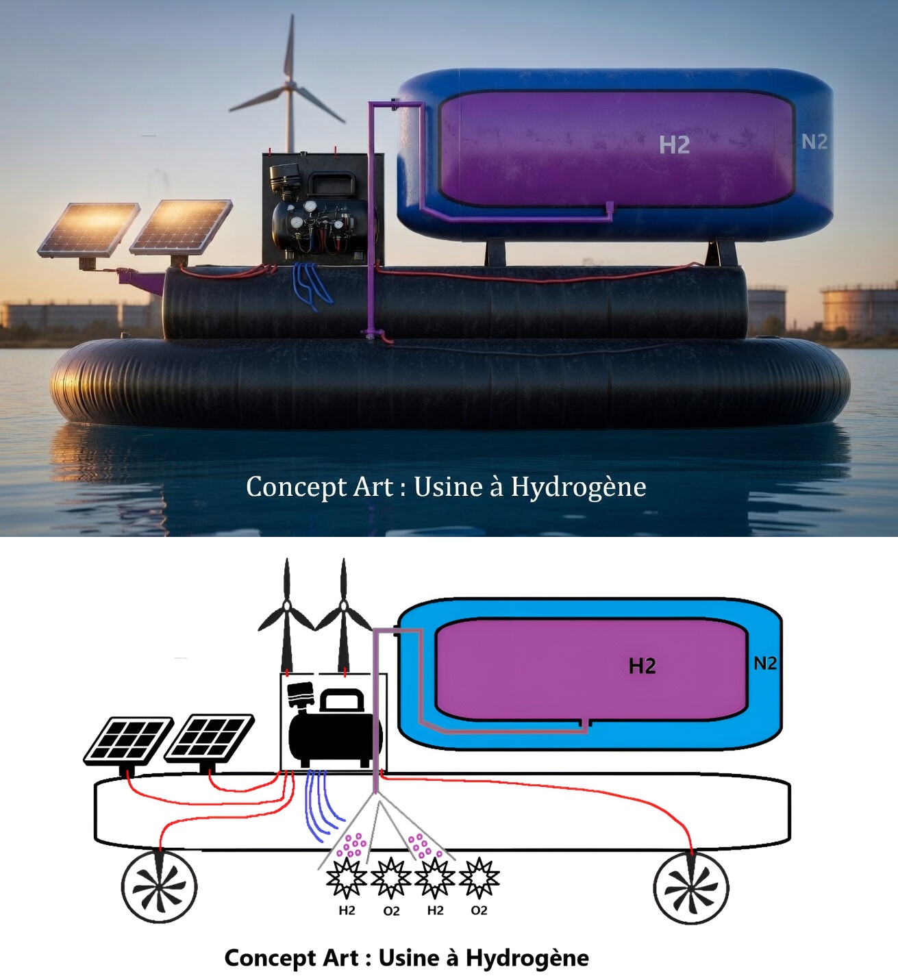 Description d'une usine à hydrogène, matelas flottant avec hydrolyse, alimentée par panneaux solaires, éoliennes et turbines marémotrices